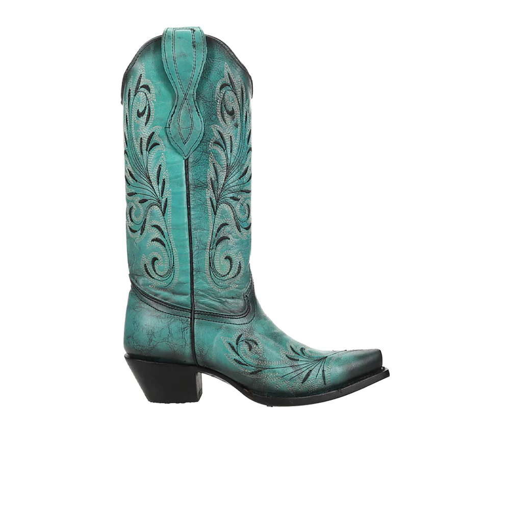 Turquoise Embroidered Pull On Snip Toe Cowboy Boots