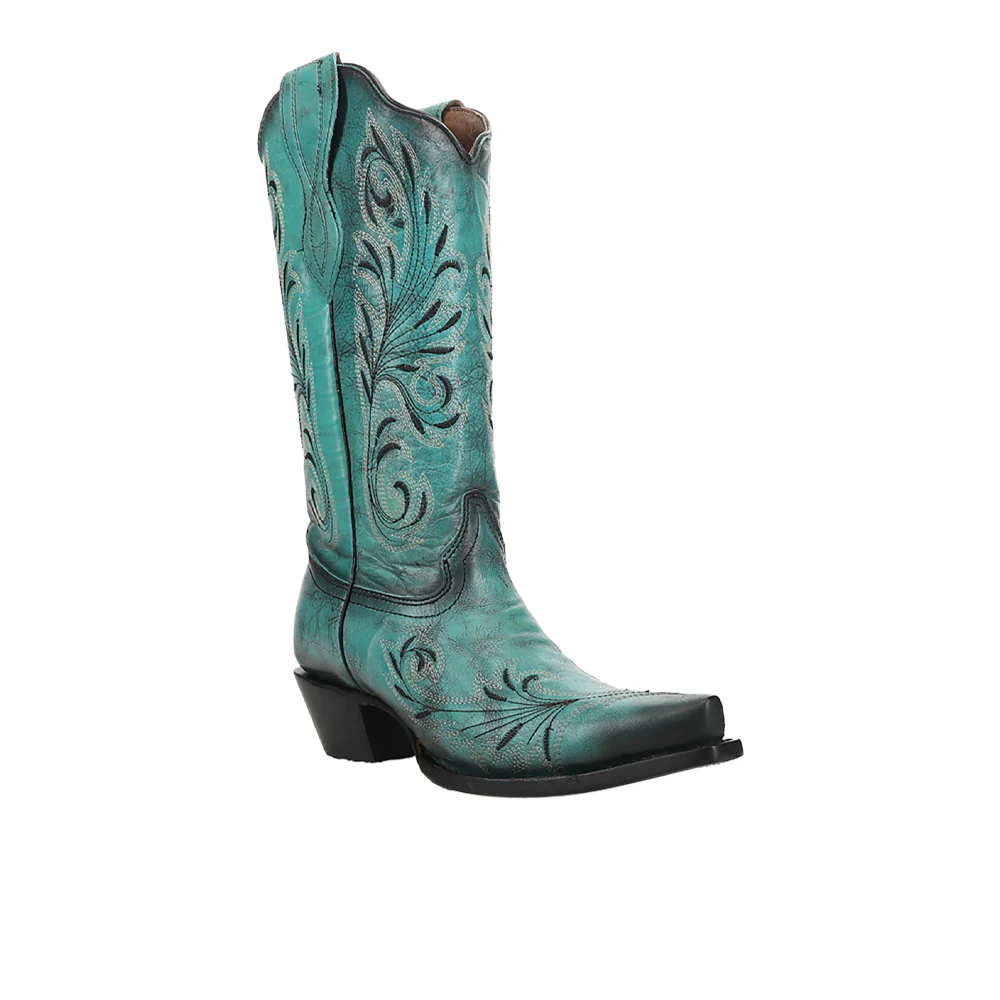 Turquoise Embroidered Pull On Snip Toe Cowboy Boots - Image 2
