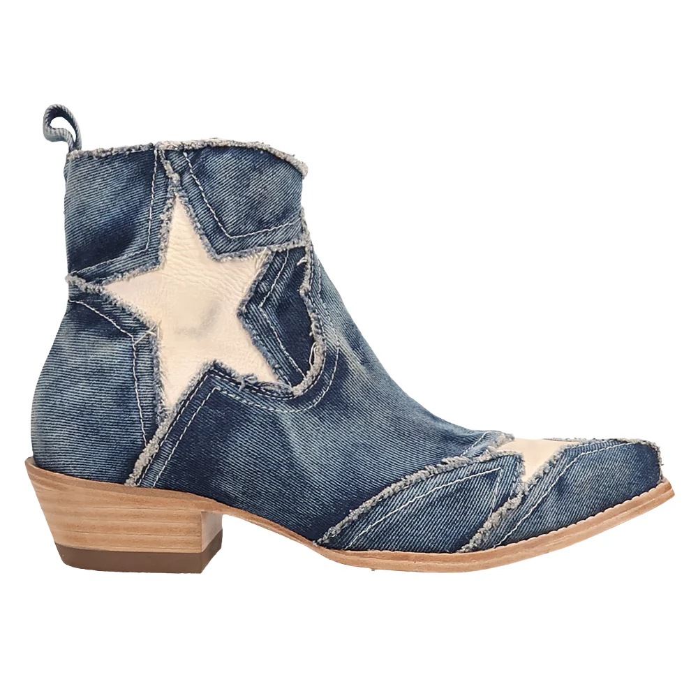 Stardust Denim Overlay Snip Toe Pull On Cowboy Boots